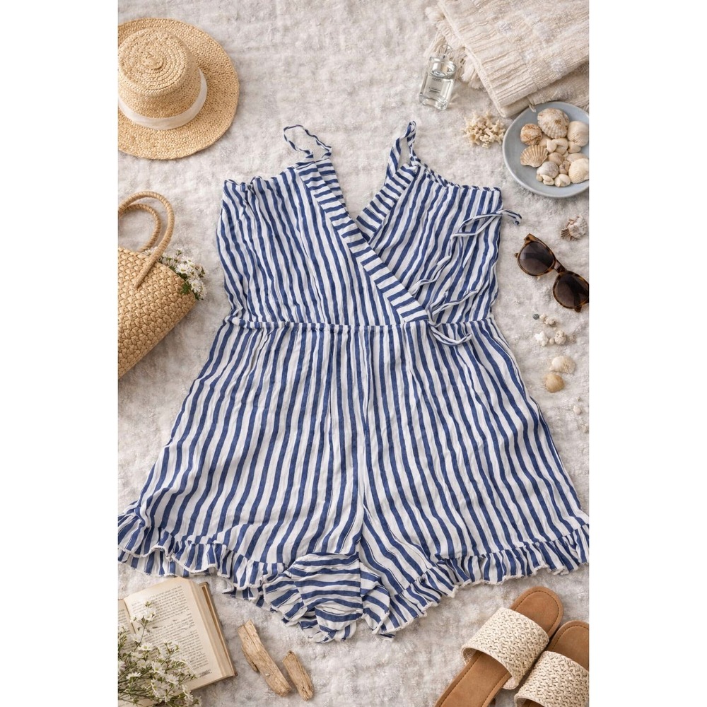 Go Coco Romper Womens 3XL Navy White Striped Ruffle Hem Wrap Summer Boho Coastal